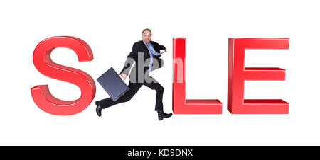 Businessman Running With Briefcase In Front Of Sale Sign. Isolated On White Stock Photo