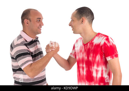 Two friends meet and greet each other. Cordiality and fraternity. White background Stock Photo