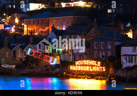 christmas lights around the harbour at mousehole in cornwall, england, britain, uk, Stock Photo