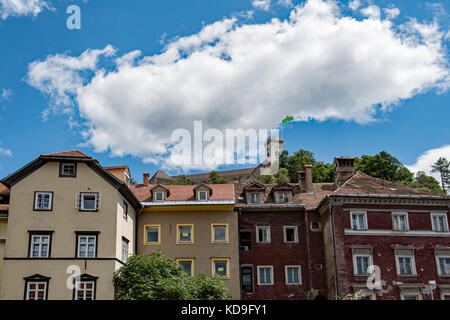 Facades of houses under the city castle in Ljubljana Stock Photo