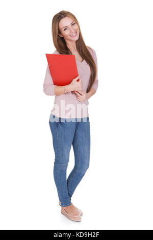 Young Woman Holding Red Folder Over White Background Stock Photo