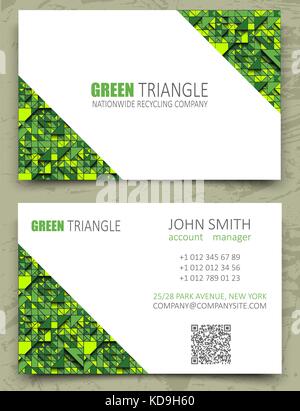 Green triangles modern business card design template. White diagonal space on pattern background. Volume 3d geometric texture. Ecological, recycling Stock Vector