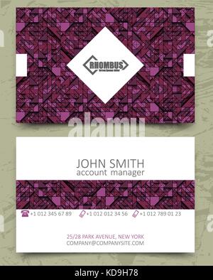 Violet triangles modern business card design template. White rhombus element with logo on pink purple background. Color line. Volume 3d geometric Stock Vector