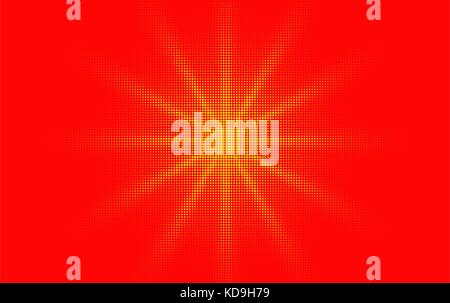 Comic red yellow background dotted gradient halftone pop art retro style design. Shine star or sun. Stock Vector