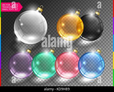 Glass christmas tree ball toy set on transparent background. Different color glossy christmas globe icon. Vector clip art. Stock Vector