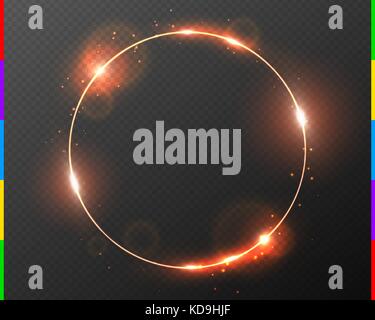 Vector red golden frame with light effect flare and sparks. Shining round Christmas banner. Glow ring isolated on dark transparent background. Vector  Stock Vector