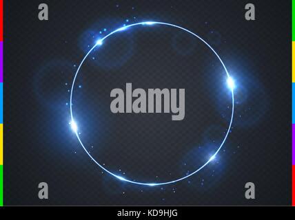 Vector electric blue frame with light effect flare and sparks. Shining round Christmas cold banner. Frozen glow ring isolated on black transparent Stock Vector