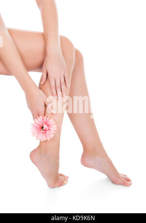 Close-up Of Woman With Beautiful Legs Holding Rose Over White Background Stock Photo
