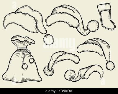 Set of monochrome doodle hats Santa Claus. Template Christmas hat for design, decorating cards and collages. Stock Vector