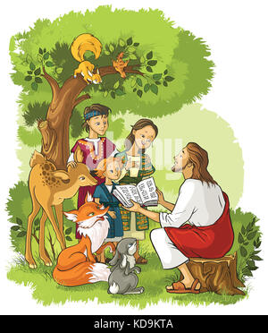 Jesus reading the Bible to children and animals. Christian cartoon illustration Stock Photo