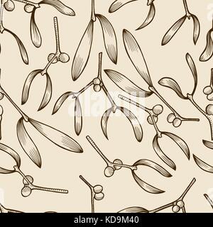 Hand drawn mistletoe twigs vintage seamless pattern. Stock Vector