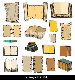 Hand Drawn Illustrations of Big Set Books and manuscripts. Doodle vector illustration isolated on light Colored background. Stock Vector