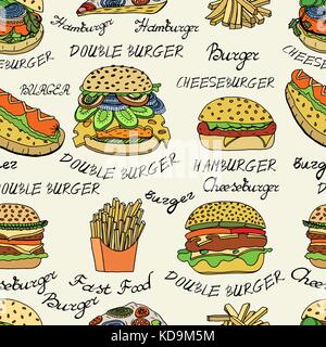 Seamless Colored Wallpaper background of Hand-drawn set sketchy fast food illustrations, burgers, hot dogs, French fries and pizza. Vector illustratio Stock Vector