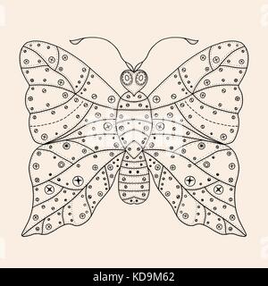 Butterfly of iron sheets with rivets. Hand Drawn vector illustration Black, beige color. Sketch for tattoo or makhenda. Insect collection. Stock Vector