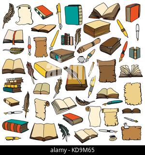 Hand Drawn Illustrations of Big Set Books and pen. Doodle vector illustration isolated on light Colored background. Stock Vector