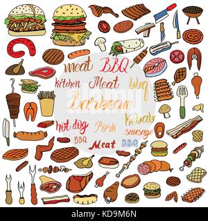 Bbq Grill Color Sketch Set. Hand Drawn Barbecue Collection Stock Vector