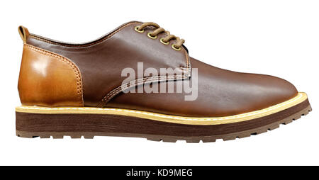 Side view of one brown men's leather dress shoe. Horizontal. Isolated. Stock Photo