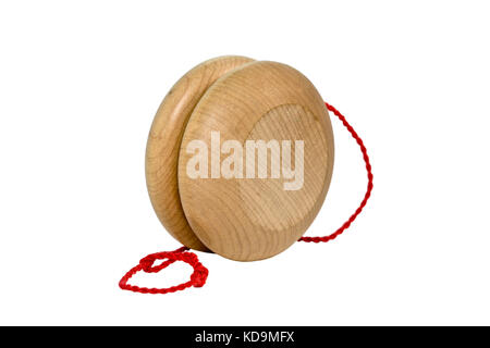 Wood yo-yo yoyo with coiled red string. Isolated on white. Front and side view. Horizontal. Stock Photo