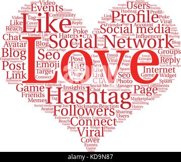 Words cloud, concept of Social Network made with Heart shape and tags on white background. Stock Vector