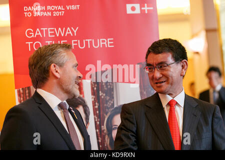 Tokyo, Japan. 11th Oct, 2017. (L to R) Anders Samuelsen Minister of Foreign Affairs of Denmark and the Japanese Foreign Minister Taro Kono, attend a business seminar at Hotel Gajoen Tokyo on October 11, 2017, Tokyo, Japan. The Danish Crown Prince Couple hope to cement business relationships between Japan and Denmark during their visit celebrating 150 years of Diplomatic relations between the two countries. Credit: Rodrigo Reyes Marin/AFLO/Alamy Live News Credit: Aflo Co. Ltd./Alamy Live News Stock Photo