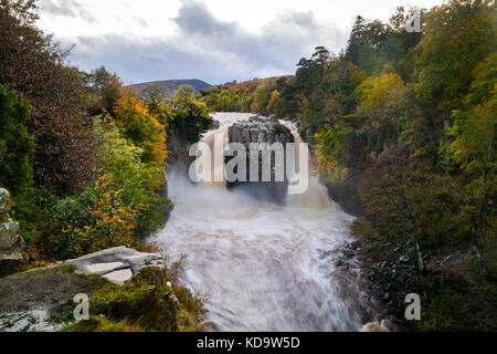 High Force, Upper Teesdale, County Durham, UK.  Wednesday 11th October 2017.  UK Weather.  After a day of heavy rain in Cumbria and the North Pennines, High Force on the River Tees looked spectacular as floodwater poured over the normally dry right hand fall.   Credit: David Forster/Alamy Live News Stock Photo