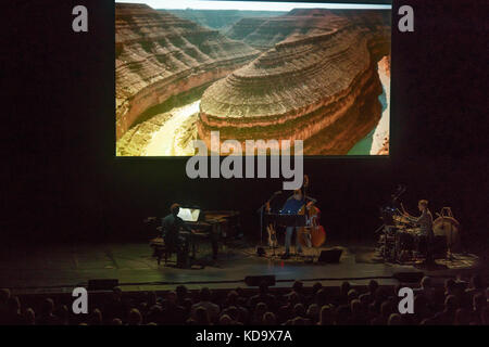 London, UK. 11th Oct, 2017. GoGo Penguin perform their new score to Godfrey Reggio's cult masterpiece film Koyaanisqatsiin at the Barbican in London. Photo date: Wednesday, October 11, 2017. Photo credit should read: Roger Garfield/Alamy Live News Stock Photo