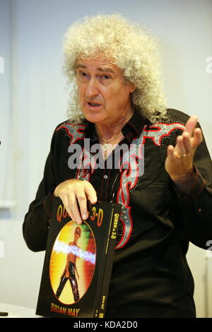 Frankfurt, Germany. 12th Oct, 2017. Brian May, member and guitarist of British rock band Queen, presents German Edition of the first official band autobiography 'Queen in 3-D' (publisher edel ear books) with text and exclusive stereoscopic 3-D-photos by Brian May at Buchmesse Frankfurt 2017 (International Book Fair Frankfurt 2017). Credit: Christian Lademann Stock Photo