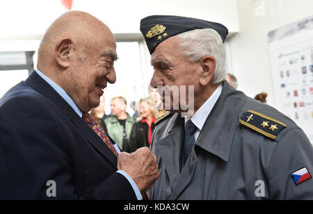 Israeli WWII veteran Hugo Marom, left, and one of the last living members of RAF in the Czech Republic Emil Bocek attend an opening of exhibition on Czechoslovak pilots who served in the British Royal Air Force (RAF) during World War Two, called the Knights of Heaven, which was opened in the Morava pavilion at the Brno exhibition grounds today, on Thursday, October 12, 2017. It is devoted not only to the pilots, but also to all those who took part in the air force fight for freedom. This covered roughly 2500 people who emigrated to Britain from the former Czechoslovakia. The exhibition puts on Stock Photo