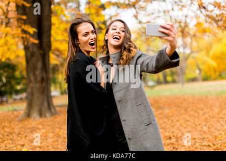 Portrait of young women taking selfie with mobile phone in the autumn park Stock Photo