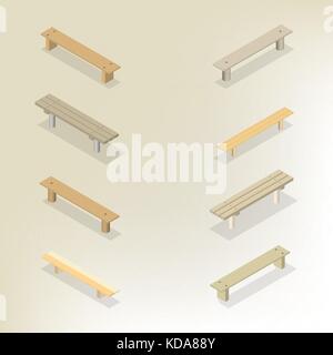 Set of wooden benches of different shapes, isolated on white background. Element of design of street inventory, playground and parks. Flat 3D isometri Stock Vector