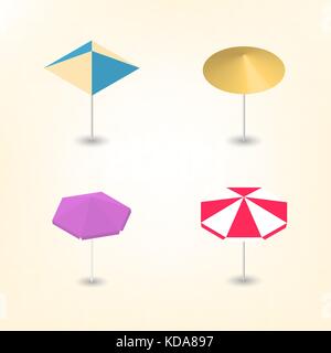 Set of colorful beach umbrellas of various shapes, isolated on a white background. Leisure icon. Flat 3d isometric style, vector illustration. Stock Vector