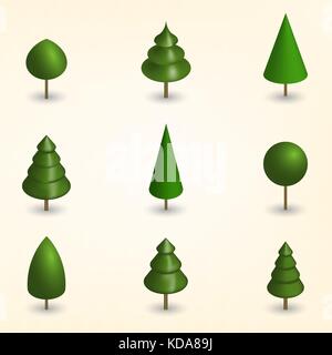 Green trees of various shapes isolated on white background. Elements for the design of the park, forest and garden. 3D isometric style, vector illustr Stock Vector