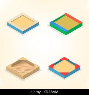 Wooden sandbox isolated on white background. Elements of the design of playgrounds and parks. Flat 3d isometric style, vector illustration. Stock Vector