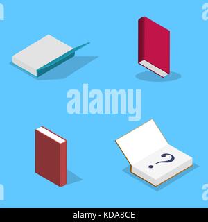 Set of icons, collection of various books isolated on blue background. Elements design of printed materials. Flat 3d isometric style, vector illustrat Stock Vector