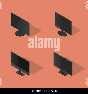 Set of icons, collection of various computer monitors, isolated on yellow background. Element design of digital devices. Flat 3d isometric style, vect Stock Vector