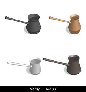 Set of cezve for coffee of different shapes, isolated on white background. Design elements of kitchen inventory. 3D isometric style, vector illustrati Stock Vector