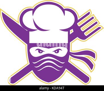 Icon style illustration of a Ninja Chef, cook or baker with Crossed Knife and Fork on isolated background. Stock Vector