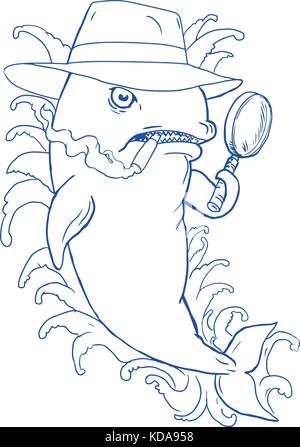 Caricature drawing cartoon style illustration of a Detective Orca Killer Whale holding a magnifying glass , wearing a fedora hat and smoking cigar wit Stock Vector