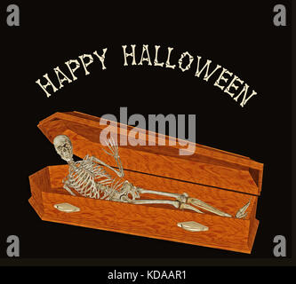 Happy Halloween: skeleton raises from coffin to greet, 3D rendering Stock Photo