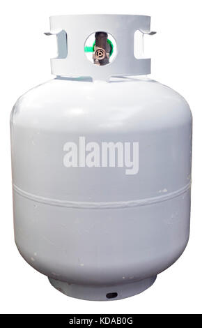 Household white propane tank. Isolated. Vertical. Stock Photo