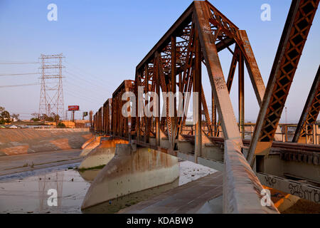 Train trestle bridge over Los Angeles River, South Gate, Los Angeles County, California, USA Stock Photo