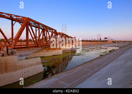 Train trestle bridge over Los Angeles River, South Gate, Los Angeles County, California, USA Stock Photo