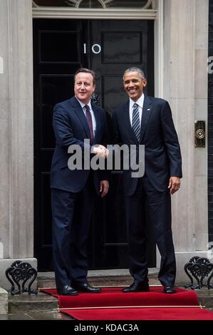 U.S. President Barack Obama meets with UK Prime Minister David Cameron at the Prime Ministers Office April 22, 2016 in London, England. Stock Photo