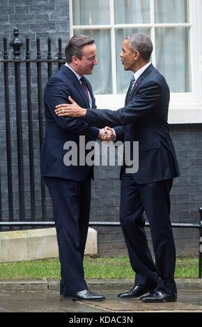 U.S. President Barack Obama meets with UK Prime Minister David Cameron at the Prime Ministers Office April 22, 2016 in London, England. Stock Photo