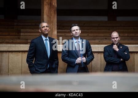 U.S. President Barack Obama watches the cast of Hamlet perform scenes from the play during a visit to the Shakespeare Globe Theatre April 23, 2016 in London, England. Stock Photo