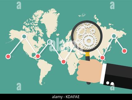 Magnifying glass scan stock market graph with world map. Data analysis global trend Stock Vector