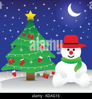 Merry Christmas, Happy Chubby Snowman Is Sitting Comfortably On Snowy Ground Next To A Christmas Tree Full Of Decoration At Night With Moon And Stars Stock Vector