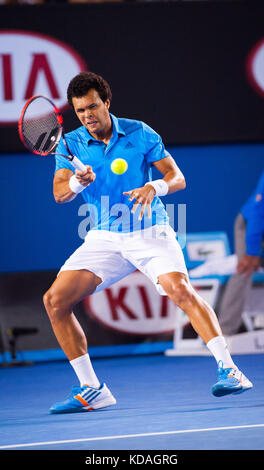 Jo-Wilifried Tsonga faced R. Federer (SUI) the fourth round of the 2014 Australian Open Men's Singles. Billed as a grudge match between rivals, Federe Stock Photo