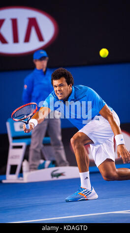 Jo-Wilifried Tsonga faced R. Federer (SUI) the fourth round of the 2014 Australian Open Men's Singles. Billed as a grudge match between rivals, Federe Stock Photo