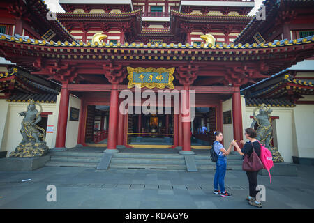 Singapore - Jun 12, 2017. Facade of Tooth Relic Temple in Singapore. The remarkable temple, in the heart of Singapore Chinatown, has much to interest  Stock Photo